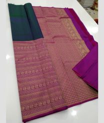 Dark Teal and Magenta color kanchi pattu handloom saree with half and half model with brocate buties design -KANP0013410