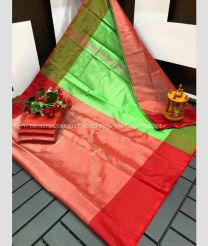 Red and Parrot Green color Uppada Tissue handloom saree with plain with two sides pattu border design -UPPI0001549