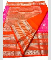 Pink and Orange color venkatagiri pattu handloom saree with all over silver checks and buties design -VAGP0000921