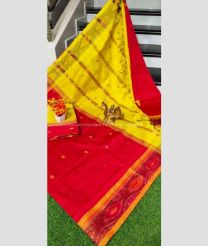 Red and Lemon Yellow color Tripura Silk handloom saree with pochampally border design -TRPP0008550