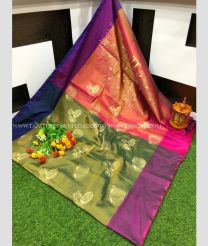 Olive and Pink color Uppada Tissue handloom saree with all over buties printed design -UPPI0001332