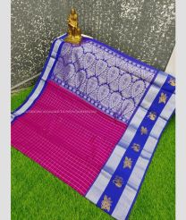 Magenta and Blue color Chenderi silk handloom saree with all over checks with buties border design -CNDP0012970