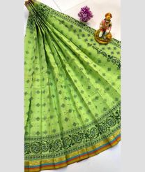 Pista and Red color Uppada Cotton handloom saree with all over printed with double side pochampally border design -UPAT0004362