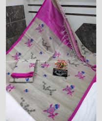 Half White and Magenta color linen sarees with all over thread work buties design -LINS0002980