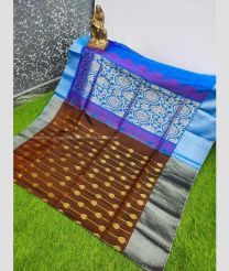 Chocolate and Blue color Uppada Soft Silk handloom saree with all over buties design -UPSF0004146