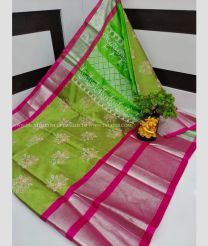 Lite Parrot Green and Pink color Uppada Soft Silk handloom saree with all over flower printed design -UPSF0003287