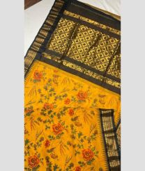Yellow and Charcoal Black color gadwal cotton handloom saree with all over kalamkari printed design -GAWT0000305