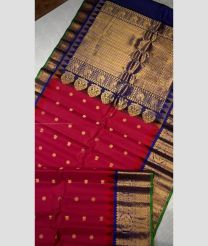 Crimson and Royal Blue color gadwal pattu handloom saree with all over checks and buties including meenakari buties with kanchi kuthu temple kothakomma border design -GDWP0001725