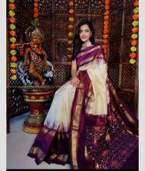 Cream and Plum Purple color pochampally ikkat pure silk handloom saree with pochampally ikkat design -PIKP0036778