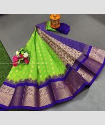 Parrot Green and Blue color Chenderi silk handloom saree with all over buties with temple and kanchi border design -CNDP0012869