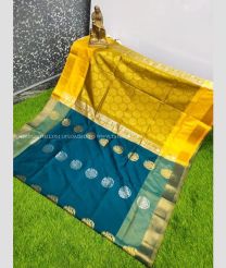 Blue Jay and Yellow color Uppada Soft Silk handloom saree with all over big buties design -UPSF0004135