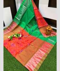 Tomato Red and Green color Uppada Soft Silk handloom saree with all over ikkat design -UPSF0003742