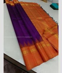 Purple and Carrot Orange color kanchi pattu handloom saree with plain with 2g pure jari traditional border design -KANP0013585