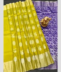 Mustard Yellow and Purple Blue color Uppada Soft Silk handloom saree with all over silver jari weaving buties saree design -UPSF0002034