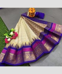 Cream and Blue color Chenderi silk handloom saree with all over buties with temple and kanchi border design -CNDP0012868