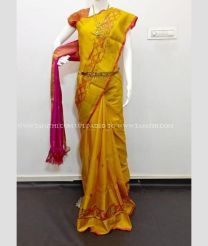 Yellow and Pink color uppada pattu handloom saree with all over nakshtra buties with pochampally border design -UPDP0020724