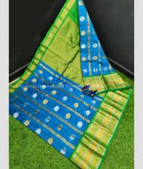 Blue and Green color Kollam Pattu handloom saree with all over laksha buties with kanchi border design -KOLP0001468