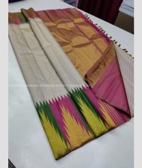 Half White Pink and Green color kanchi pattu handloom saree with Temple Border Design-KANP0007526