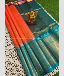 Orange and Blue Turquoise color kuppadam pattu sarees with kanchi border design -KUPP0097219