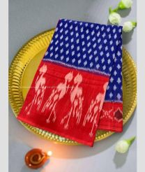 Blue and Red color pochampally Ikkat cotton handloom saree with pochampalli ikkat design -PIKT0000770