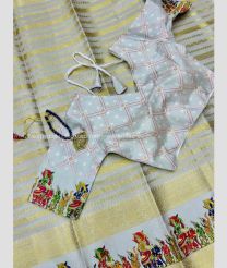 Lite Grey and Golden color Banarasi sarees with beautiful printed with kota jacquard design -BANS0018047