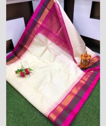 White and Pink color kuppadam pattu handloom saree with plain with sp temple border design -KUPP0096972