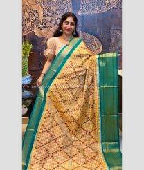 Cream and Medium Teal color pochampally ikkat pure silk sarees with all over pochampally ikkat design -PIKP0038027