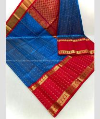 Blue and Red color kuppadam pattu handloom saree with all over jari checks and buties with kuppadam kanchi border design -KUPP0097099