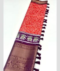 Orange and Plum Purple color Banarasi sarees with all over jari woven with kalamkari printed design -BANS0011516