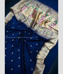 Navy Blue and Cream color paithani sarees with heavy mina weaving zari pallu with beautiful tassels design -PTNS0005208
