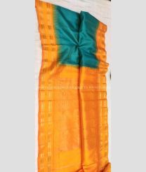 Sea Green and Yellow color gadwal pattu handloom saree with temple  border saree design -GDWP0000464
