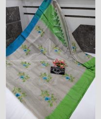 Half White and Parrot Green color linen sarees with all over thread work buties design -LINS0002978