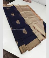 Dark Navy Blue and Cream color soft silk kanchipuram sarees with all over handwoven big buties with unique collection design -KASS0000968