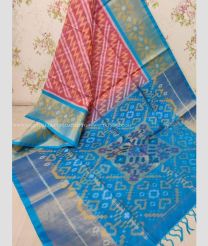 Copper Red and Blue color Ikkat sico handloom saree with pochampalli ikkat design -IKSS0000300
