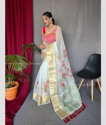 White and Pink color Organza sarees with pichwai print design -ORGS0001797