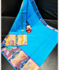 Sky Blue and Brown color Uppada Cotton handloom saree with pain with pochampally border design -UPAT0004248