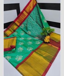 Medium Turquoise and Maroon color Uppada Soft Silk handloom saree with all over printed design -UPSF0003449