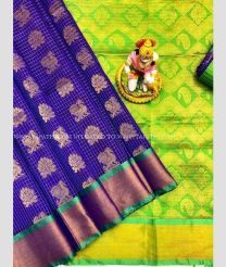 Blue and Parrot Green color Kollam Pattu handloom saree with all over checks and buties design -KOLP0001011