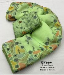 Lite Green color linen sarees with all over embroidery design with piping border -LINS0003145