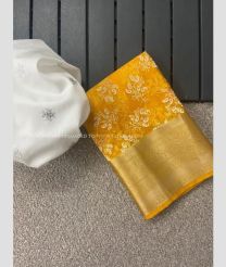 Mango Yellow and White color Organza sarees with gold jari jaqucard border all over with beautiful kaddi white printing work design -ORGS0003338