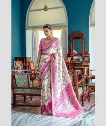 Cream and Rose Pink color Banarasi sarees with patola type border design -BANS0018853