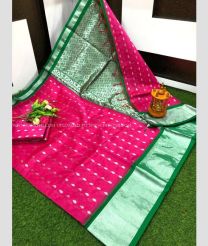 Pink and Green color Chenderi silk handloom saree with all over buties with kaddi border design -CNDP0016270
