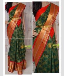 Forest Fall Green and Red color Chenderi silk handloom saree with all over buttas design -CNDP0016280