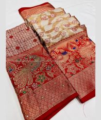 Cream and Red color Banarasi sarees with all over heafy khatli work design -BANS0011497