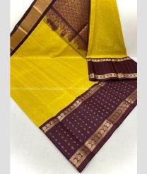 Yellow and Chocolate color kuppadam pattu handloom saree with all over jari checks and buties with kuppadam kanchi border design -KUPP0097098