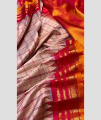Copper and Pink color gadwal pattu handloom saree with all over tiny jari and reasham checks with temple kothakoma  kuthu interlock weaving system design -GDWP0001715