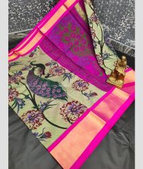 Cream and Pink color Uppada Soft Silk handloom saree with all over peacock printed design -UPSF0004047