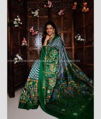 White and Pine Green color pochampally ikkat pure silk handloom saree with leheriya design -PIKP0018130