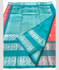 Copper and Blue Turquoise color venkatagiri pattu handloom saree with all over silver buttas design -VAGP0000962