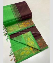 Parrot Green and Chocolate color Tripura Silk handloom saree with plain and thread woven lines with pochampally border design -TRPP0008015